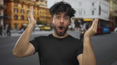 Sakallı genç İspanyol adam şehir sokağında komik suratlar yapıyor. Binalar bulanık ve trafik de arka planda..