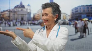 Gülümseyen yaşlı kadın doktor gri saçlı ve steteskop jestleriyle Vatikan şehir meydanında.