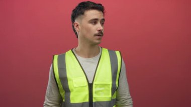 Yansıtıcı yelek giymiş genç İspanyol bir adam, izole edilmiş kırmızı arka plan duvarına işaret ediyor, odaklanmış bir ifadeyle yönü gösteriyor..