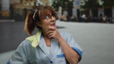 Şehrin dışında temizlikçi olarak çalışan kıdemli İspanyol kadın, açık şehir güneşi altında iş üniformasının içinde düşünceli bir şekilde bir bez tutuyor..