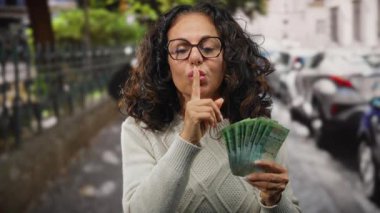 Orta yaşlı bir kadın elinde Rus rublesi tutuyordu. Arka planda arabaları olan bir şehir caddesinde sessizlik işareti yapıyordu..