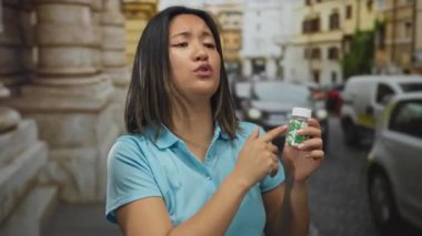 Şehrin dışında elinde ilaç şişesiyle kamerayla konuşan bir kadın. Sağlık ve Asya kültürünü vurgulayan ilaç şişeleriyle..