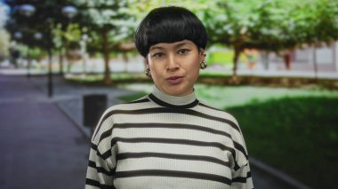 Parkta genç Çinli bir kadın. Etrafı yemyeşil, çizgili bir kazak giymiş ve yumuşak gün ışığında kendinden emin bir ifade sergiliyor..