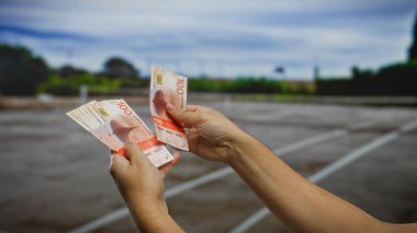 Norveç banknotlarını şehir ortamında tutan adam, Norveç 'teki yatırım ve iş potansiyelini gösteriyor.