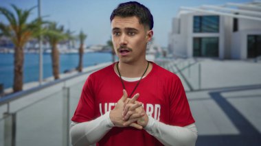 Palmiye ağaçları ve modern mimariyle deniz kenarında gezinen kırmızı tişörtlü genç İspanyol cankurtaran güneşli açık havada odaklanıyor ve hazır bekliyor..