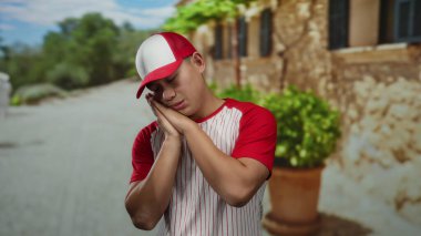 Beyzbol üniformalı genç bir adam şehir caddesinde bir uyku jesti yapıyor, canlı bir şehir ortamında yorgunluk gösteriyor..