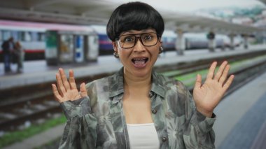 Genç Çinli bir kadın açık hava tren istasyonunda el çırpıyor, gözlüklü ve çiçekli bir ceket giyiyor, arka planda görünen trenlerle ilgili heyecanını dile getiriyor..