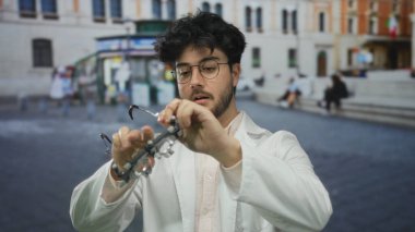 Beyaz önlüklü, optometri gözlüklü genç adam arka planda İtalyan bayrağı olan bir sokakta göz teması kuruyor..