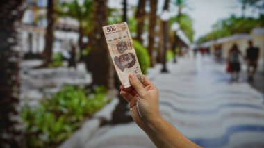 Açık şehir ortamında 500 peso bir Meksika banknotunu elinde tutarak şehrin hareketli sokaklarında para yatırımı kavramını gözler önüne seriyor..