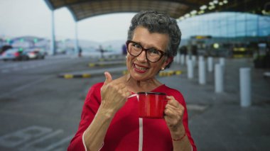 Gri saçlı ve elinde kırmızı kahve fincanı olan yaşlı bir kadın hava alanında gülümsüyor. Sıcak bir seyahat ve rahatlama havası veriyor..