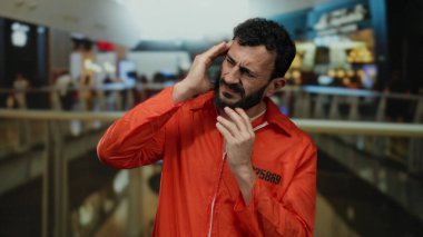 Portakal rengi tulumlu İspanyol adam arka planı bulanık, hareketli alışveriş merkezinde kafası karışmış görünüyor..