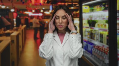 Beyaz önlüklü İspanyol kadın, arka planı bulanık ve parlak ışıklandırmalı hareketli bir lokantada dikilirken stresli hissediyordu..