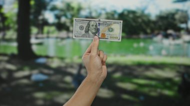 Parkta Amerikan dolarlarını elinde tutan bir adamın eli, açık yeşil ortamda para, finans ve ekonomik ortamların özünü yakalıyor..