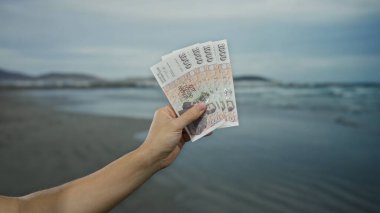 İzlanda Krona banknotlarını elinde tutan beyaz bir adam, deniz kıyısında bir plajda uzanan koluyla, açık denizde İzlanda parası sergiliyor..