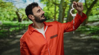 Turuncu tulumlu İspanyol bir adam elinde kelepçeler açık havada ağaçlarla dolu yemyeşil bir parkta gülümsüyor, zıt bir hapsedilme ve özgürlük karışımı sergiliyor..