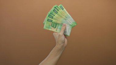 Kahverengi bir arka planda Rus rublesi tutan bir adam, hayran düzeninde para biriminin çeşitli değerlerini gösteriyor..