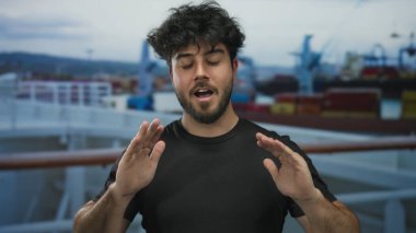 Genç İspanyol bir adam sakin bir şekilde meditasyon yapıyor. Gözleri kapalı, arka planda gemileri ve botları olan bir limanda. Denizcilik ortamında sükuneti somutlaştırıyor..