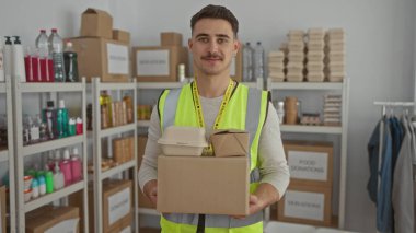 Yansıtıcı yelek giyen genç adam bir hayır kurumunda gönüllü olarak çalışıyor, içeride gıda paketleri düzenliyor, sosyal yardım çabalarını ön plana çıkarıyor..