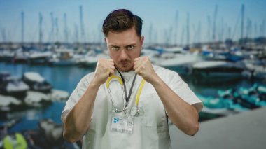 Doktor önlüğü ve steteskop takan sakallı genç adam, arka planda kayıklar ve sağlık ve gücün bir karışımını somutlaştırarak, deniz kıyısındaki bir limanda savaş pozisyonu almış..