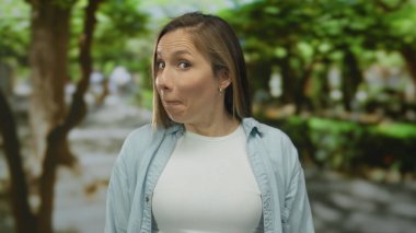 Parktaki bir kadın gölgeli ağaçların altında neşeli bir ifade sergiliyor. Parlak güneş ışığı yaprakların arasından süzülüyor. Huzurlu, doğal bir ortamla çevrili..