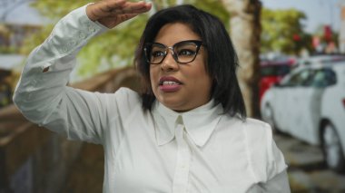 Beyaz tişörtlü ve gözlüklü Latin bir kadın güneşli bir günde yeşil ağaçlar ve park etmiş arabalarla çevrili bir caddede dikiliyor..