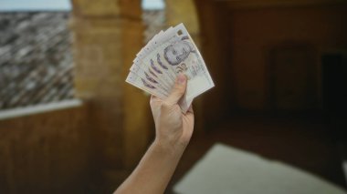 Üniversitede eski bir mimari geçmişe sahip bir üniversitede el ele tutuşmuş banknotlarla akademik bir ortamda bir erkeği sergiliyor..