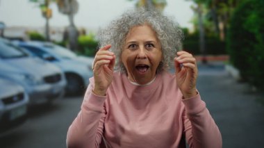 Gri saçlı yaşlı bir kadın, şehir sokağında pembe bir kazak giyip meraklı bir şekilde dikilirken dürbün hareketi yapıyor..