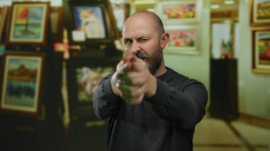 Sakallı kel bir adam, kapalı bir sanat galerisinde komik bir poz veriyor. Duvarlarında canlı resimler var. Komik ve çekici bir ifade sergiliyor..