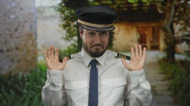 Pilot üniformalı, sakallı genç adam güneşli bir günde açık havada mizahi bir pozla el kaldırıyor, ifadesine güveni tam..