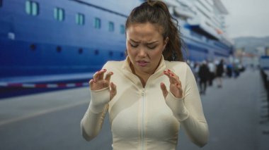 Limanda bir teknenin yanında endişeli bir ifadeyle duran, açık havada açık bir ceket giyen, deniz kenarında bir yerde bir endişe hissi taşıyan bir kadın..