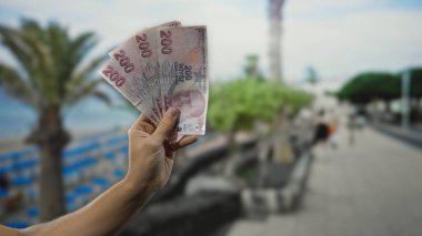 Adam deniz kenarında Türk lira banknotları tutuyor. Arka planda palmiye ağaçları ve plaj var. Tatil ve finansal kavramları gözler önüne seriyor..