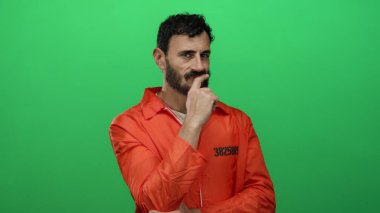 Turuncu hapishane tulumlu İspanyol sakallı adam canlı yeşil bir arka plana karşı düşünceli bir şekilde duruyor, tefekkür ve hapsedilmeyi simgeliyor..