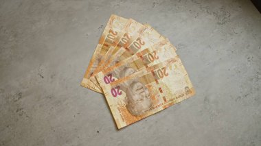 Beton bir yüzey üzerinde mandela içeren Güney Afrika rantları, fan benzeri bir düzende yayılmış 20 banknotun altını çizerek hem para hem de kültürel önemi göstermektedir..