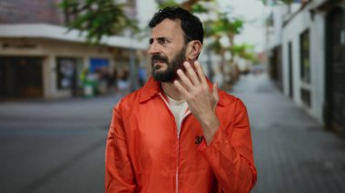 Turuncu hapishane tulumlu, sakallı İspanyol bir adam sokakta dikilirken düşünceli görünüyor, elleri çenesine dokunuyor, bulanık bir şehir zemininin ortasında..