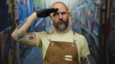 Önlük ve eldiven takmış kel bir adam duvar yazısıyla kaplı bir şehir sokağında selam veriyor. Açık havada dışa vurumlu bir tavır sergiliyor..