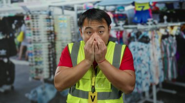 Şaşkın bakışlı genç adam, sarı yelek giyiyor, kalabalık bir açık hava pazarında duruyor, hayat dolu sokak hayatı ve hareketli şehir çevresi sergiliyor..