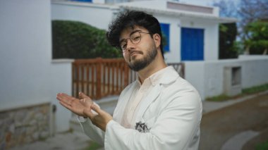 Güneşli bir günde dışarıda duran sakallı genç bir adam gözlük ve beyaz bir ceket takıyor. Odaklanmış ve çevresiyle meşgul görünüyor..