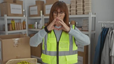 Yansıtıcı yelek giyen kadın, elleri kapalı bir hayır kurumunda kutular ve malzemelerle çevrili kalp şeklinde yapar..