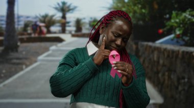 Şehir caddesinde yüzü palmiye ağaçlarıyla çevrili pembe kurdeleli bir kadın gün boyunca açık havada destek ve farkındalık mesajı veriyor..