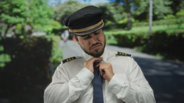 Genç İspanyol pilot yeşil bir parkta kravatını düzeltiyor. Üniforması ve şapkası var. Etrafında gür ağaçlar ve yürüyen uzak figürler var..