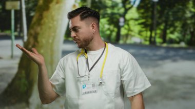 Beyaz önlüklü ve steteskoplu genç erkek doktor. Sokakta parmağıyla değil.