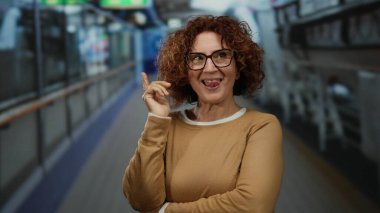 Orta yaşlı, gözlüklü bir kadın, açık deniz kenarında bir tekne güvertesinde gülümsüyor, kumral saçlar ve deniz manzaralı günlük giysiler sergiliyor, boş zamanlarında yapılan seyahatlerin altını çiziyor..