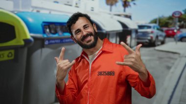 Turuncu hapishane tulumlu İspanyol sakallı adam şehir çöp konteynırının önünde kaya hareketi yapıyor. Gün ışığında yakalanmış..