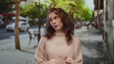 Kazaklı bir kadın ağaçlar ve bulanık bir arka planla sokak ortasında duruyor doğal ışık altında rahat bir şehir atmosferi yaratıyor..