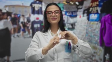 Beyaz üniformalı bir kadın, elleri açık pazar ortamında alışveriş yapanlar ve renkli mallar arasında gülümseyen bir kalp oluşturur..