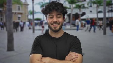 Palmiye ağaçları ve binaların yer aldığı kalabalık bir sokakta kollarını kavuşturup güvenle gülümseyen genç İspanyol adam..