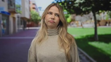 Kadın omuz silkme jesti ile ellerini kaldırır kalabalık yaya caddesinde geri yuvarlanır; işten çıkarma dedikodusu rahatsızlık verir.