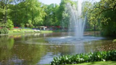 Serin bir göleti olan yemyeşil bir park manzarası ve merkezi bir çeşmeyi çevreleyen canlı bahar çiçekleri, doğanın güzelliğini tam çiçeklerle yansıtıyor..