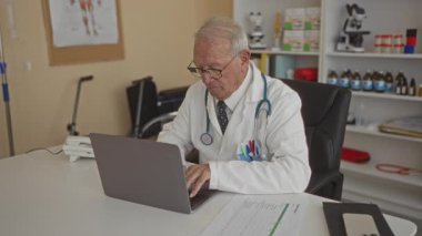 Tıbbi ekipman ve belgelerle çevrili bir hastane kliniğinde dizüstü bilgisayarda çalışan kıdemli erkek doktor..