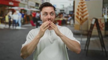 Sakallı genç bir adam hareketli bir şehir caddesinde sürpriz yapıyor. Canlı bir açık alanda yürüyen insanların bulanık geçmişleri var..